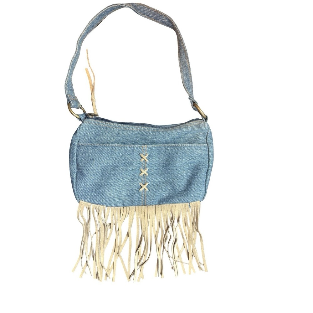 Q & A Denim Shoulder Bag with zippered‎ closure and 6" leather fringe.